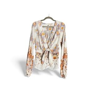Free People Floral V-Neck Blouse Folk Cottagecore Bohemian Artsy Feminine Medium